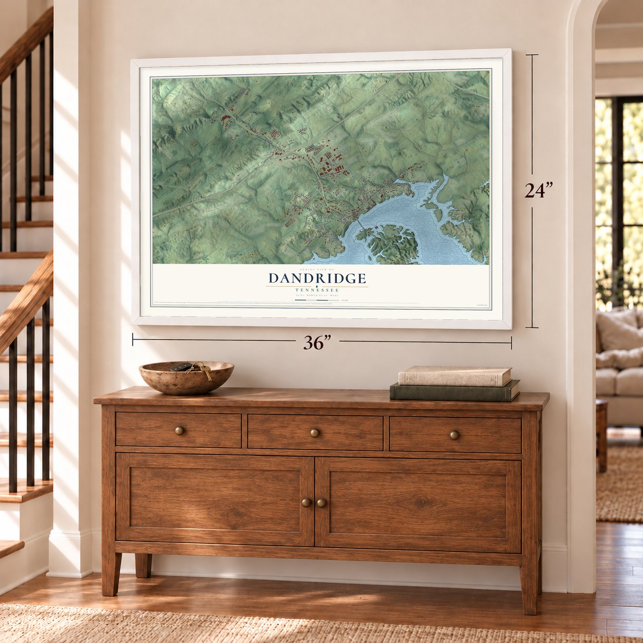 Dandridge, Tennessee map, 24 x 36 inch print in a white frame above a dresser by a staircase