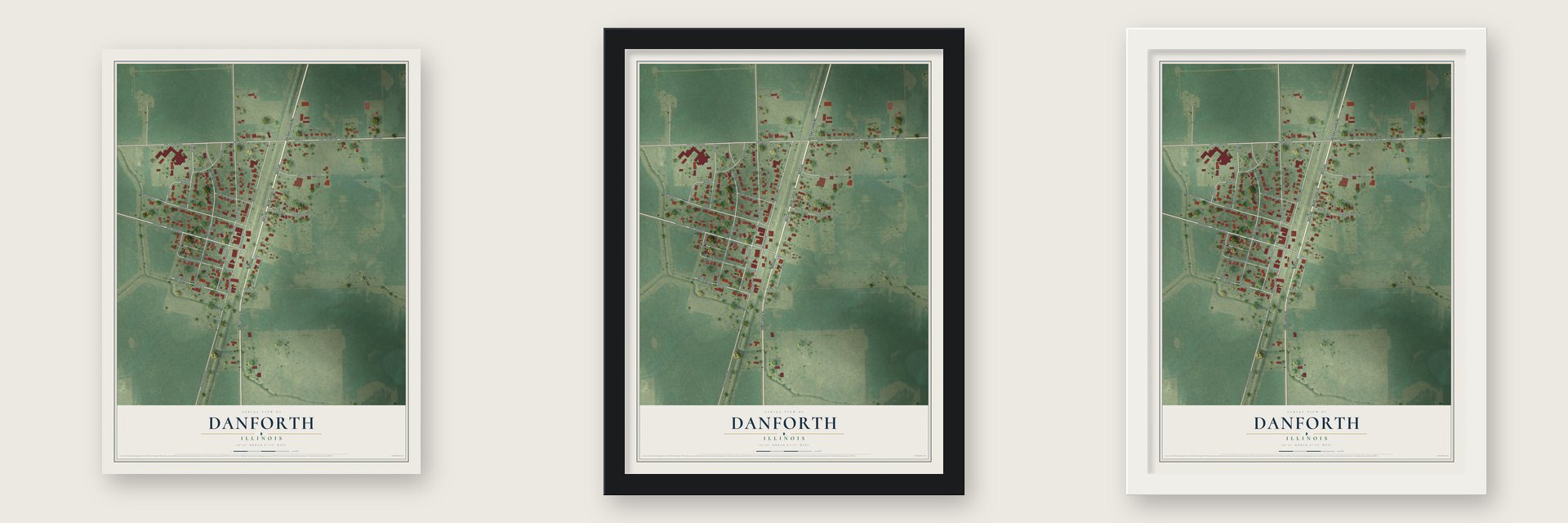 Danforth, Illinois map unframed, in a black wood frame and in a white wood frame