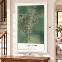 Danforth, Illinois map, 24 x 36 inch print in a white frame by a staircase