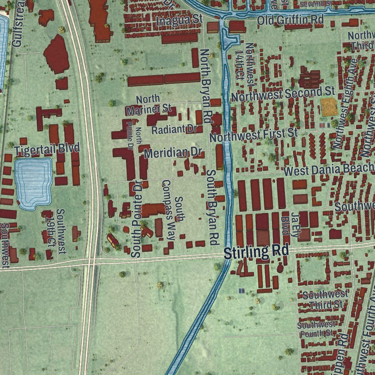 Second close-up of the map of Dania Beach, Florida print showing more streets and buildings