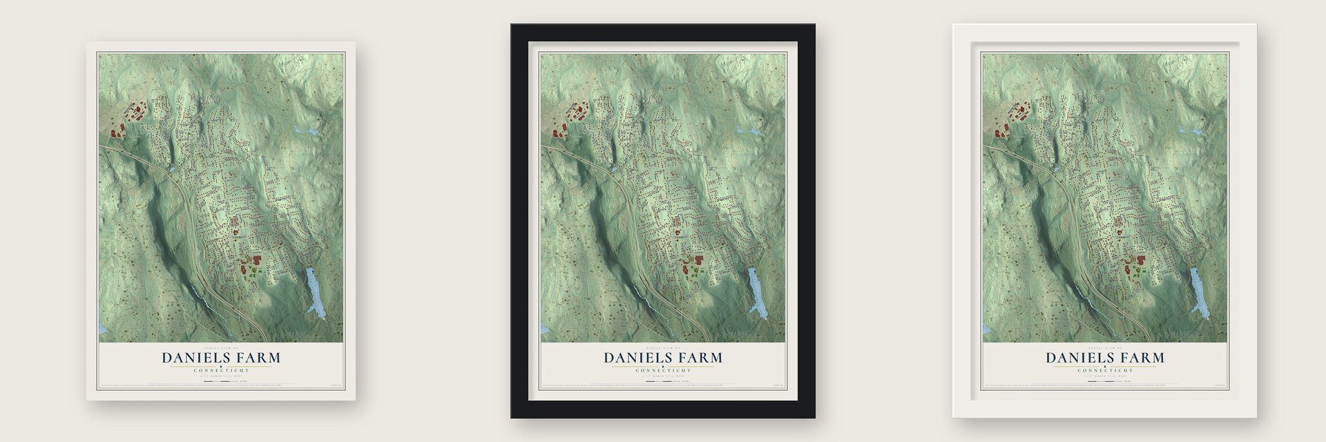 Daniels Farm, Connecticut map unframed, in a black wood frame and in a white wood frame