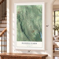 Daniels Farm, Connecticut map, 24 x 36 inch print in a white frame by a staircase