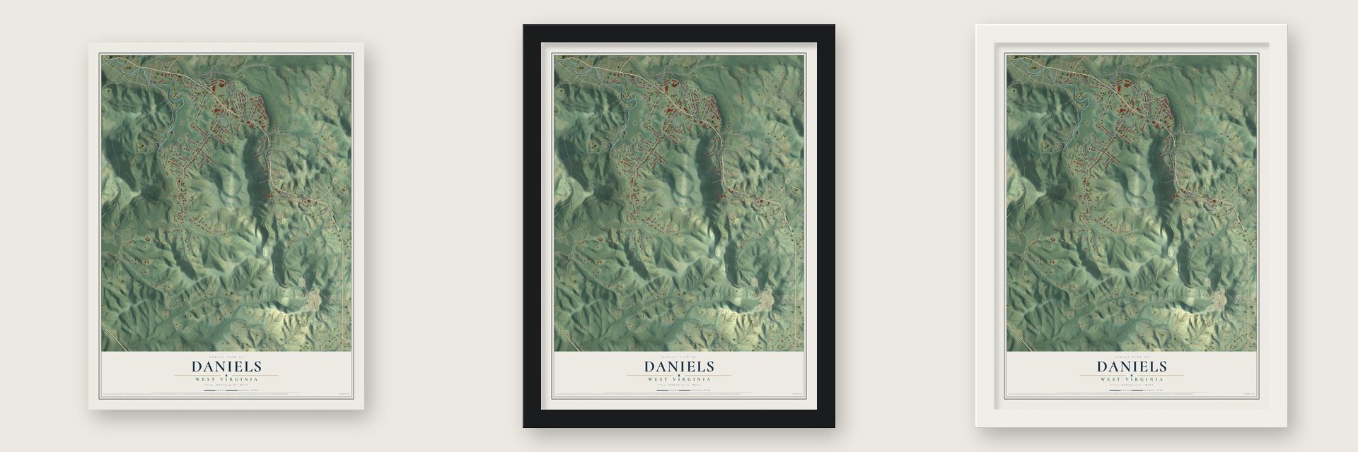 Daniels, West Virginia map unframed, in a black wood frame and in a white wood frame