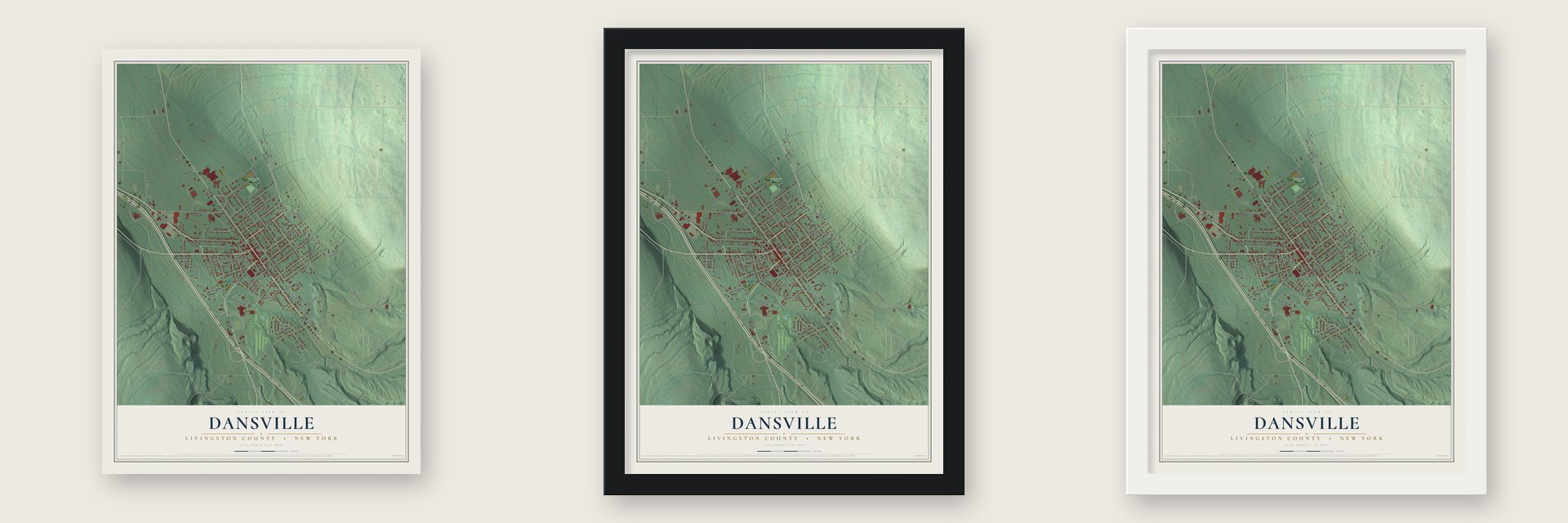 Dansville, Livingston County, New York map unframed, in a black wood frame and in a white wood frame