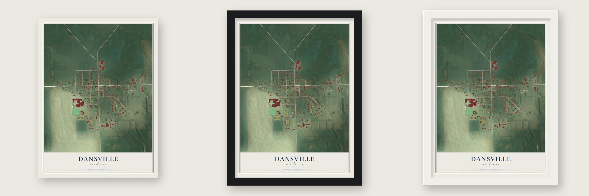 Dansville, Michigan map unframed, in a black wood frame and in a white wood frame