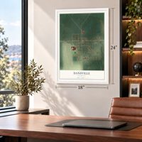 Dansville, Michigan map, 18 x 24 inch print in a white frame in a home office