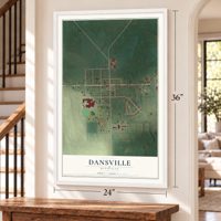 Dansville, Michigan map, 24 x 36 inch print in a white frame by a staircase