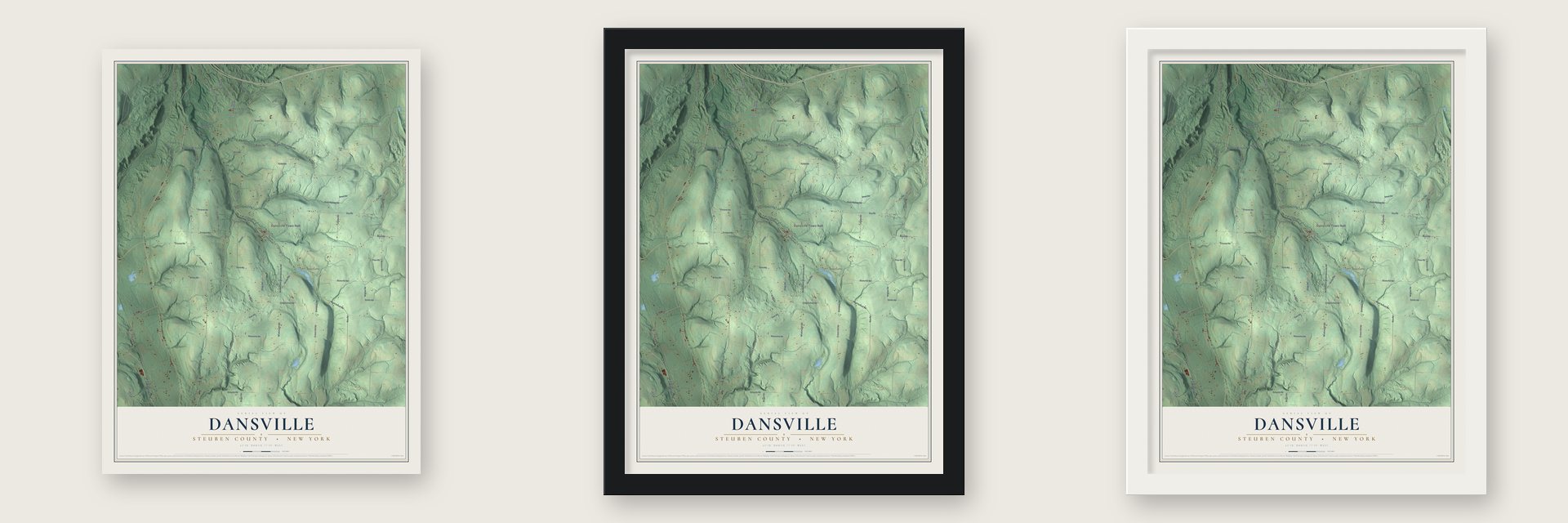 Dansville, Steuben County, New York map unframed, in a black wood frame and in a white wood frame
