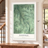 Dansville, Steuben County, New York map, 24 x 36 inch print in a white frame by a staircase