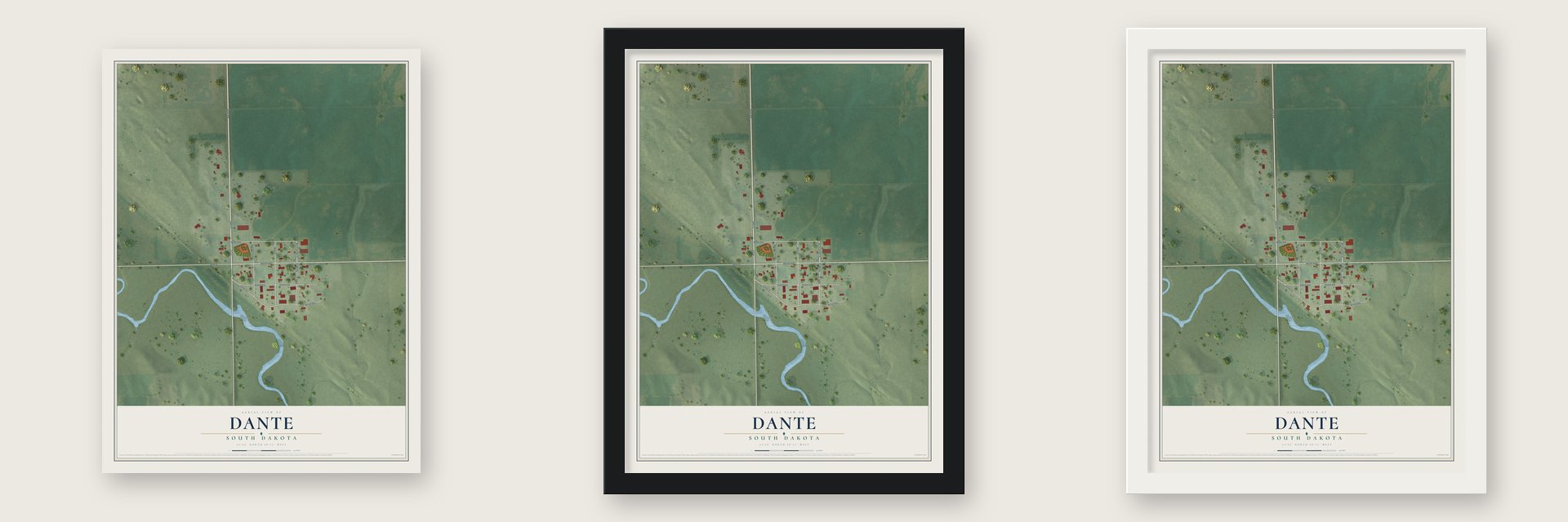 Dante, South Dakota map unframed, in a black wood frame and in a white wood frame