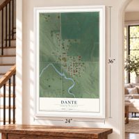 Dante, South Dakota map, 24 x 36 inch print in a white frame by a staircase