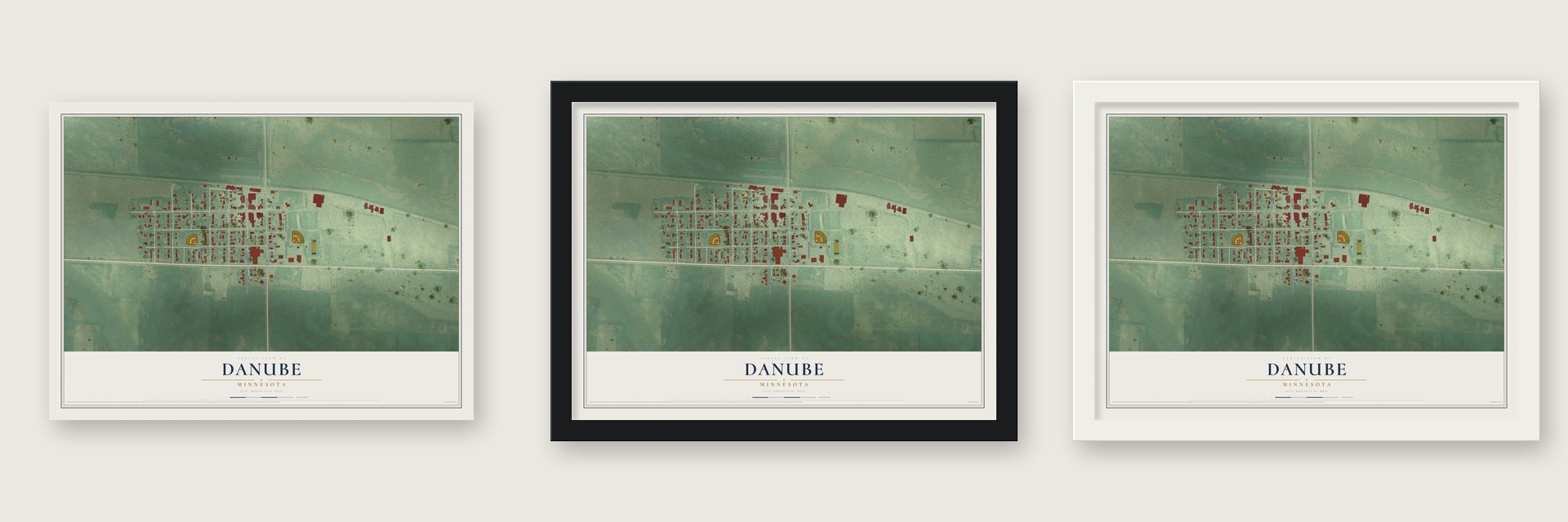 Danube, Minnesota map unframed, in a black wood frame and in a white wood frame
