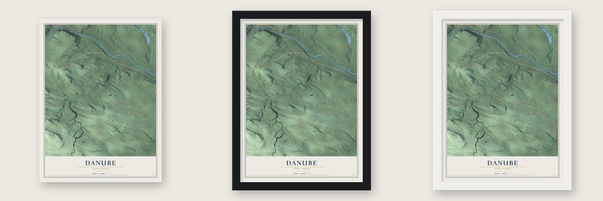 Danube, New York map unframed, in a black wood frame and in a white wood frame