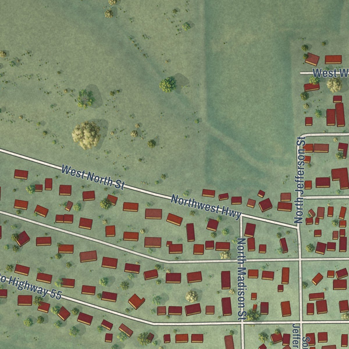 Second close-up of the map of Danvers, Illinois print showing more streets and buildings