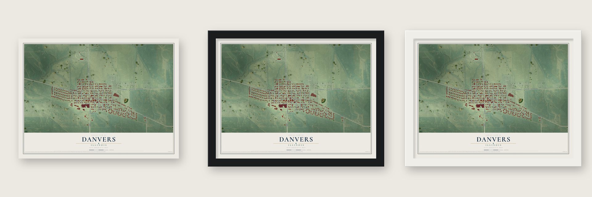 Danvers, Illinois map unframed, in a black wood frame and in a white wood frame