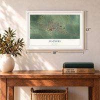 Danvers, Illinois map, 12 x 18 inch print in a white frame in an entryway