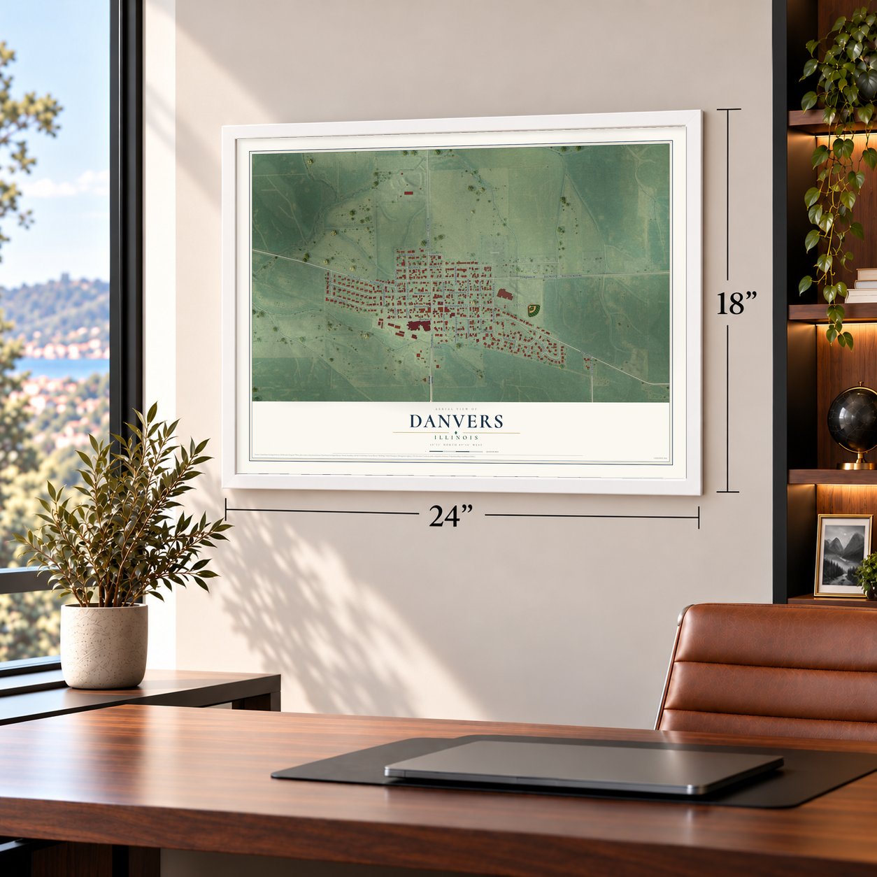 Danvers, Illinois map, 18 x 24 inch print in a white frame in a home office