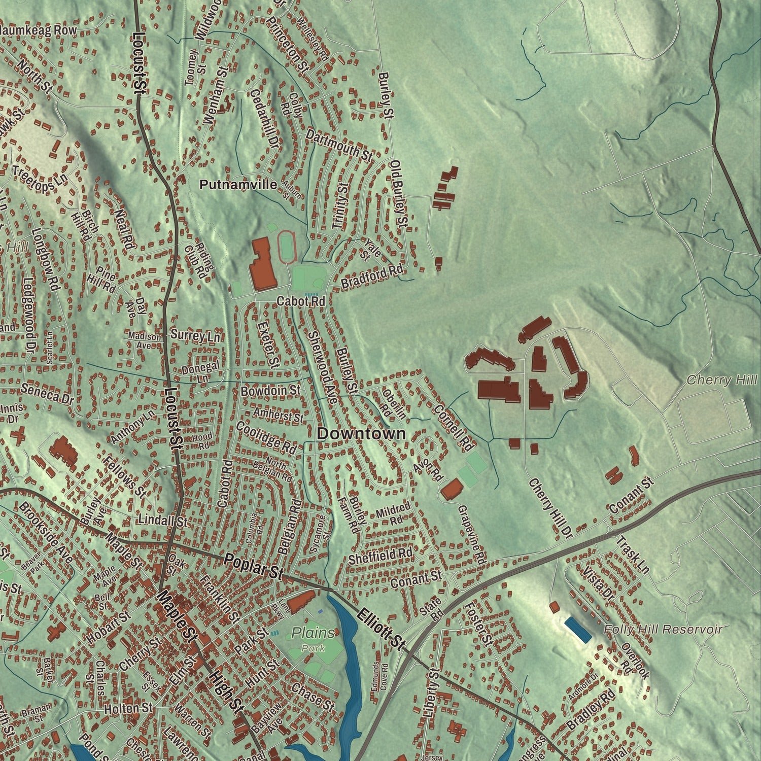 Close-up of the map of Danvers, Massachusetts print showing terrain and local geography
