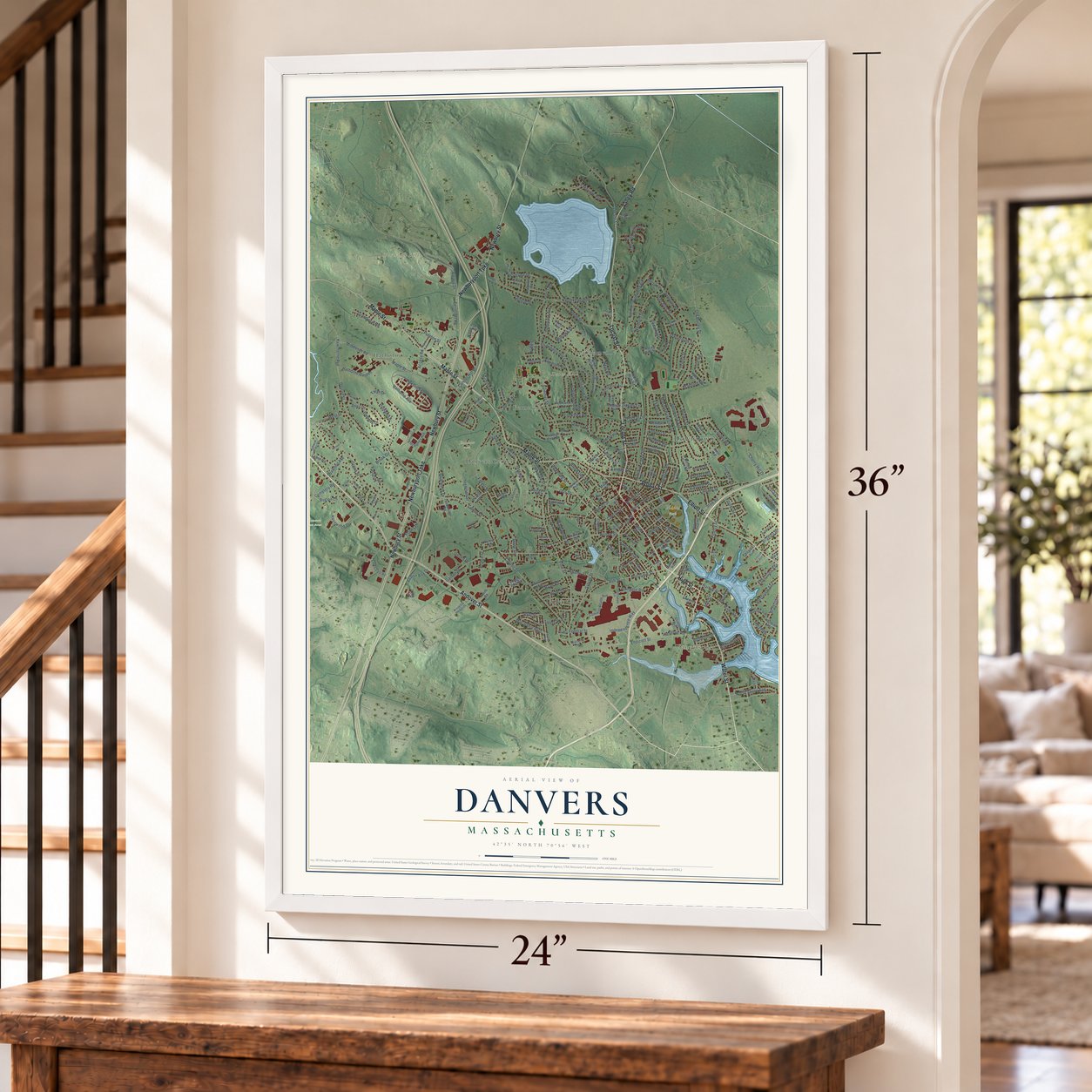 Danvers, Massachusetts map, 24 x 36 inch print in a white frame by a staircase