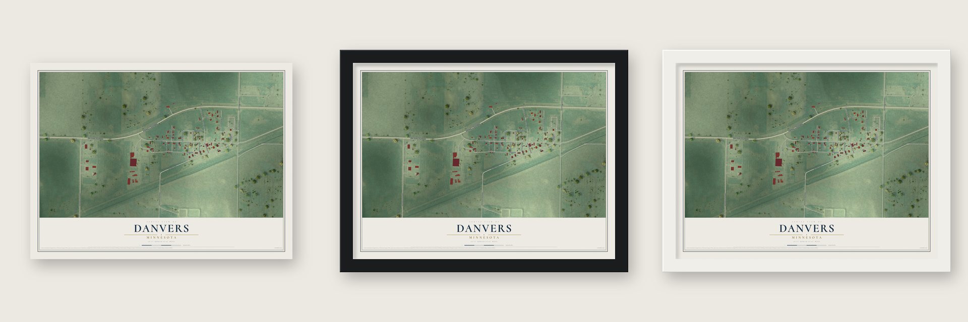 Danvers, Minnesota map unframed, in a black wood frame and in a white wood frame