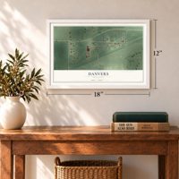 Danvers, Minnesota map, 12 x 18 inch print in a white frame in an entryway