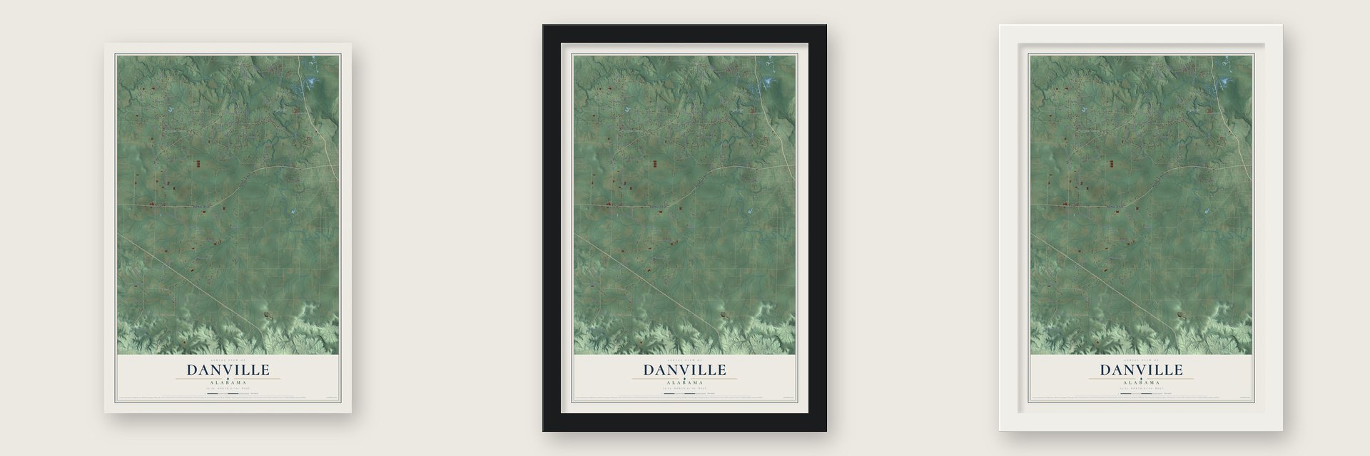 Danville, Alabama map unframed, in a black wood frame and in a white wood frame
