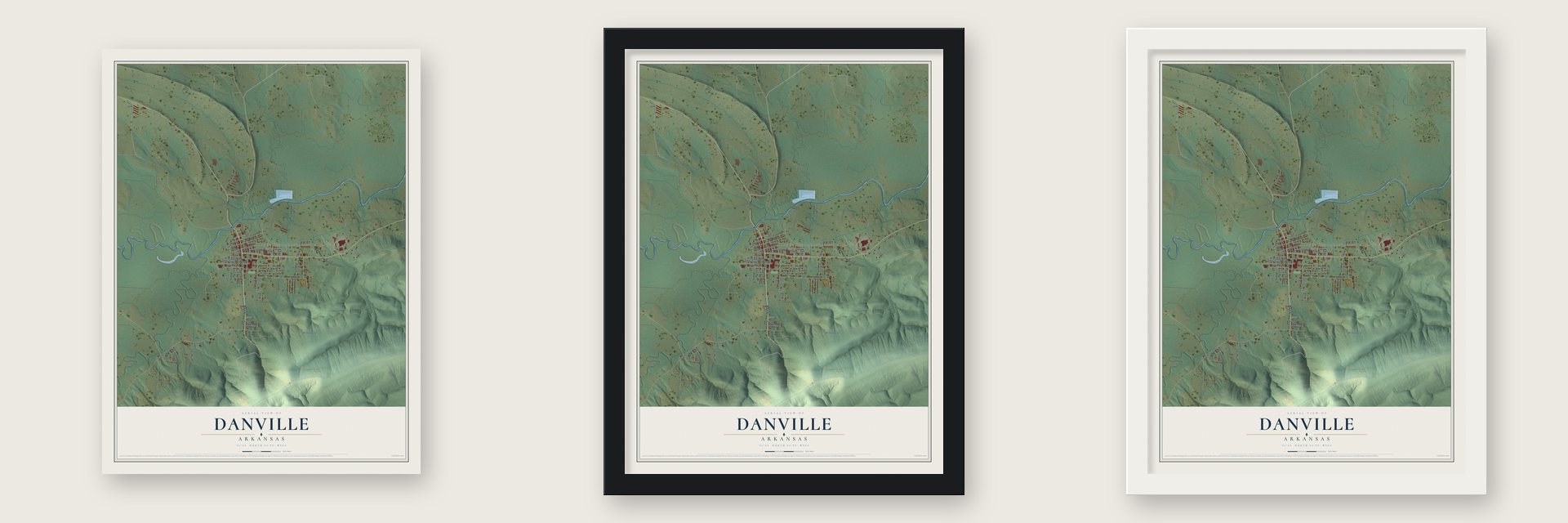 Danville, Arkansas map unframed, in a black wood frame and in a white wood frame