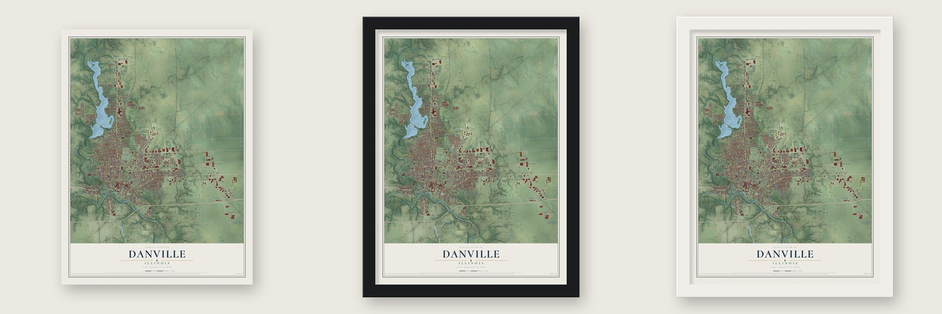 Danville, Illinois map unframed, in a black wood frame and in a white wood frame