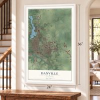 Danville, Illinois map, 24 x 36 inch print in a white frame by a staircase