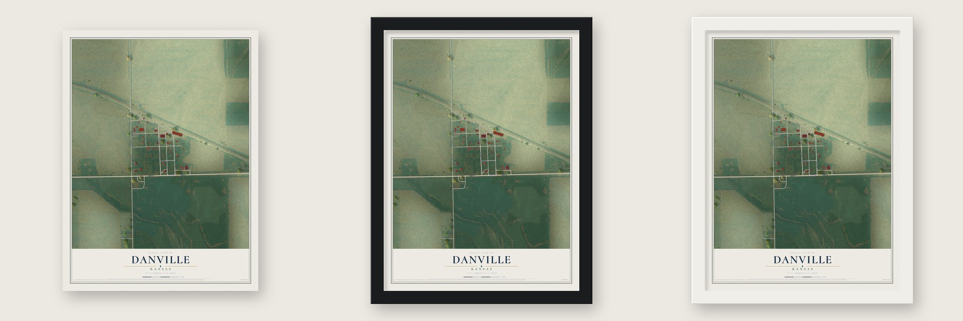 Danville, Kansas map unframed, in a black wood frame and in a white wood frame
