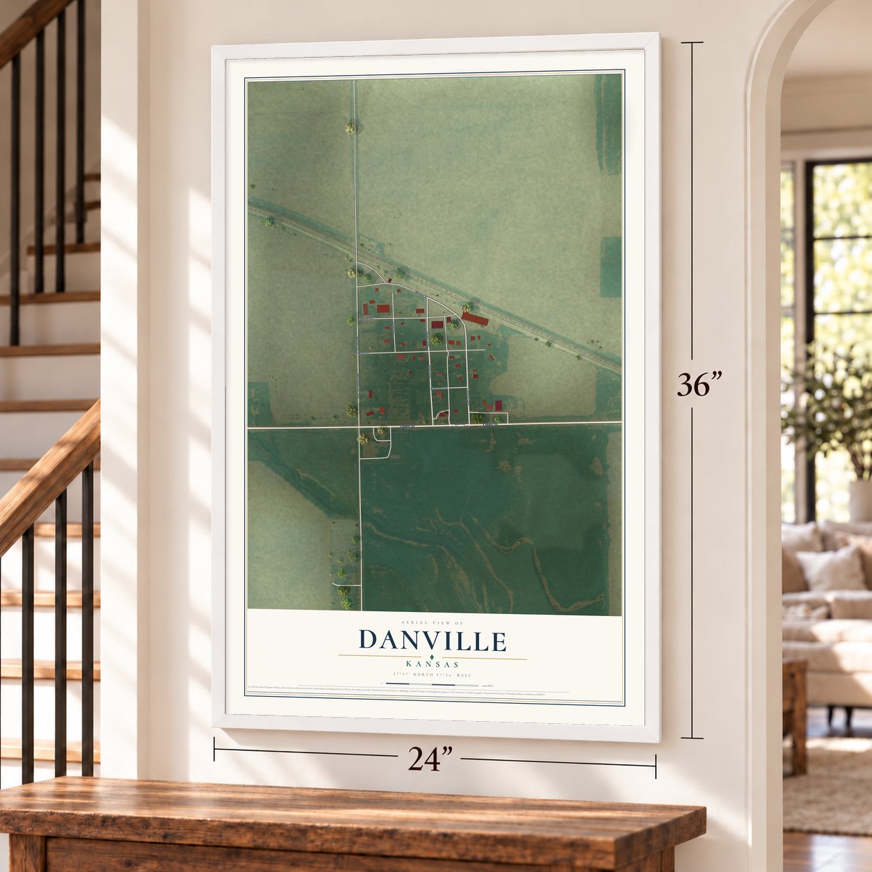 Danville, Kansas map, 24 x 36 inch print in a white frame by a staircase