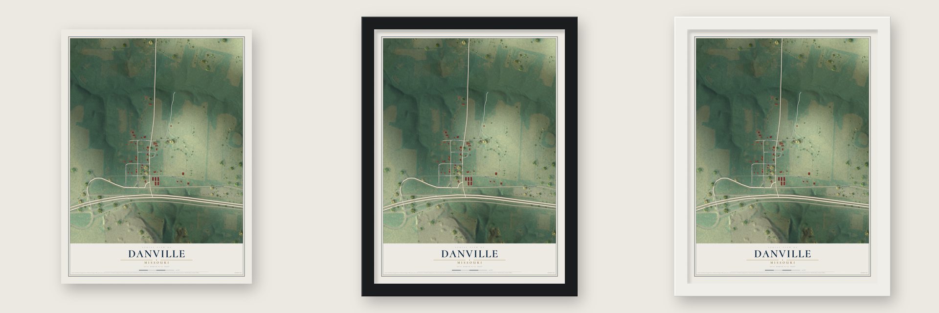 Danville, Missouri map unframed, in a black wood frame and in a white wood frame