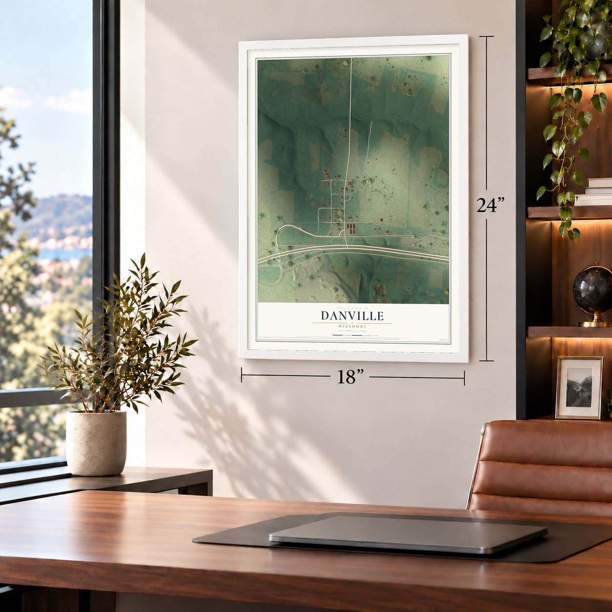 Danville, Missouri map, 18 x 24 inch print in a white frame in a home office