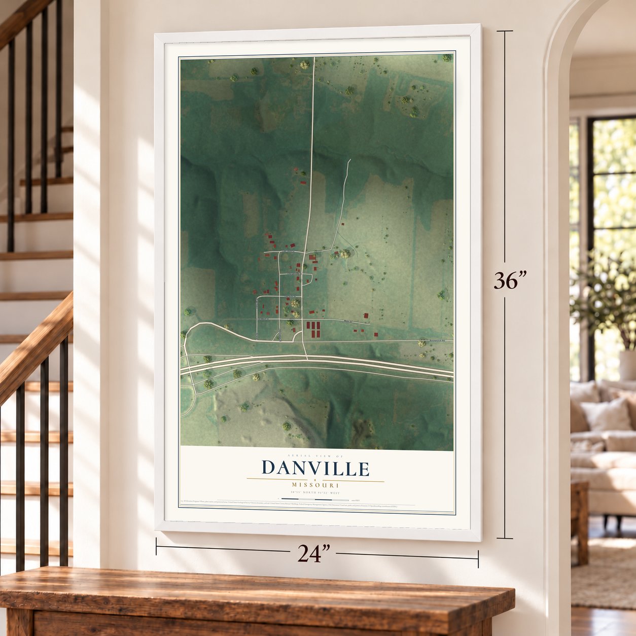 Danville, Missouri map, 24 x 36 inch print in a white frame by a staircase