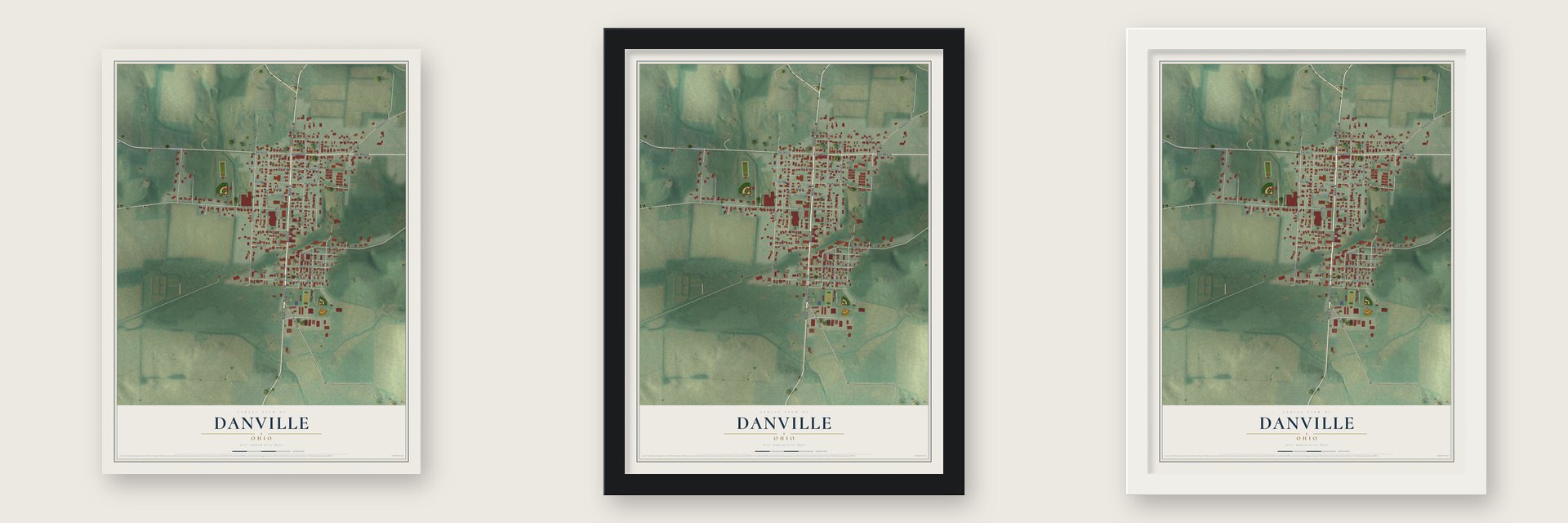 Danville, Ohio map unframed, in a black wood frame and in a white wood frame