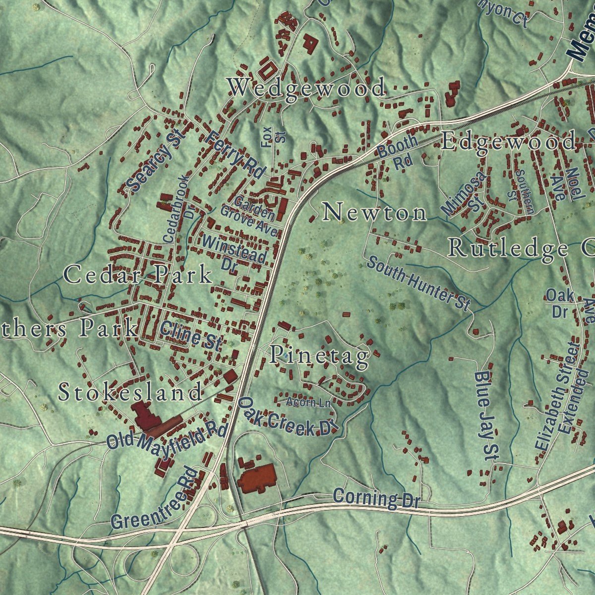 Second close-up of the map of Danville, Virginia print showing more streets and buildings