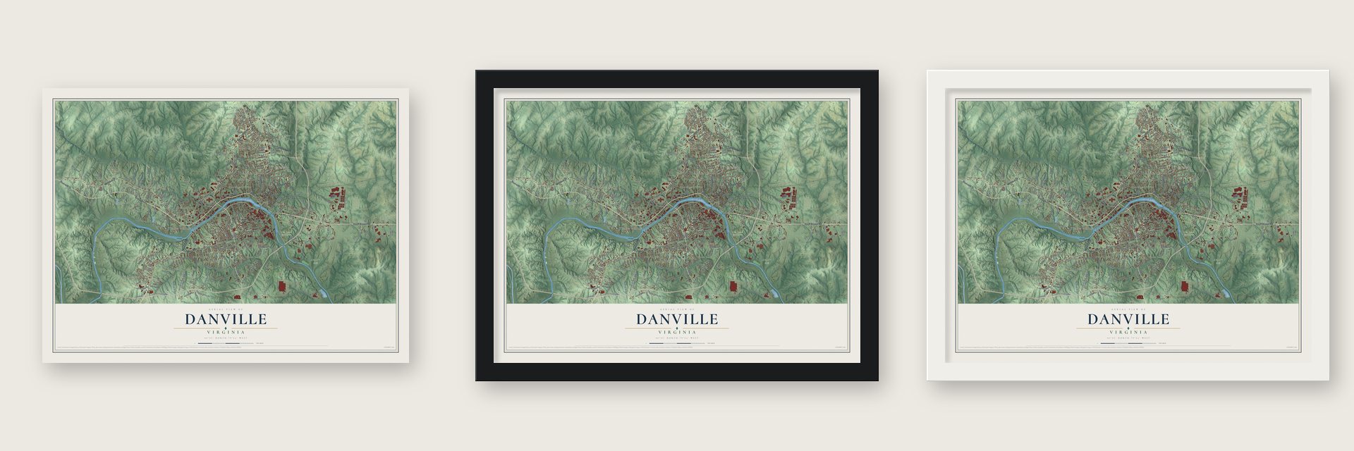 Danville, Virginia map unframed, in a black wood frame and in a white wood frame
