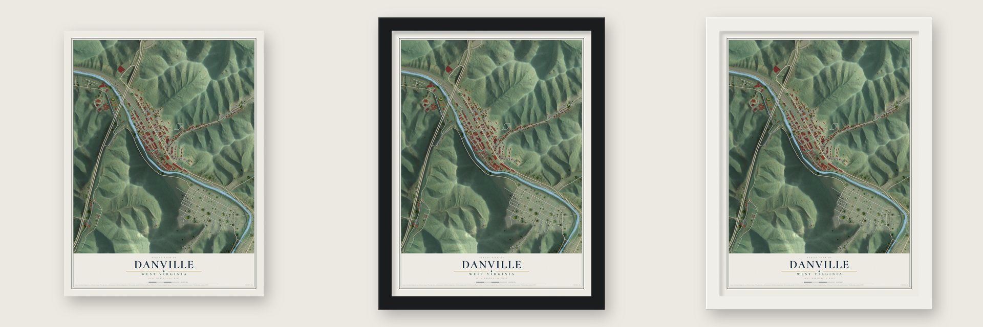 Danville, West Virginia map unframed, in a black wood frame and in a white wood frame