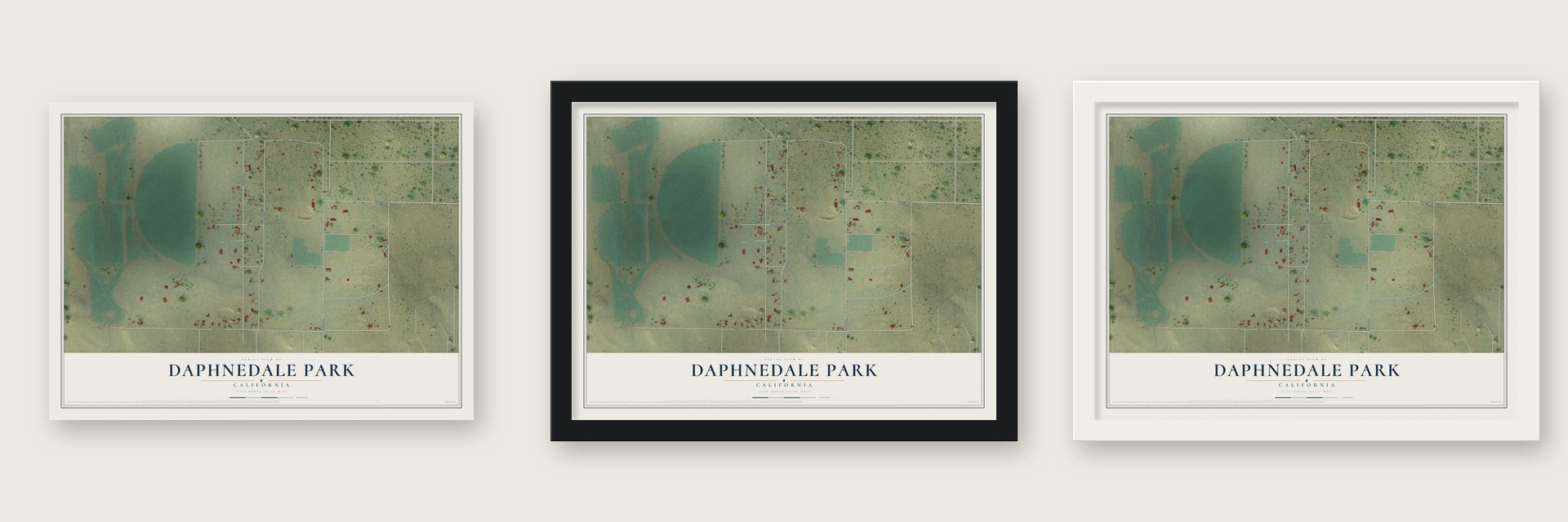 Daphnedale Park, California map unframed, in a black wood frame and in a white wood frame