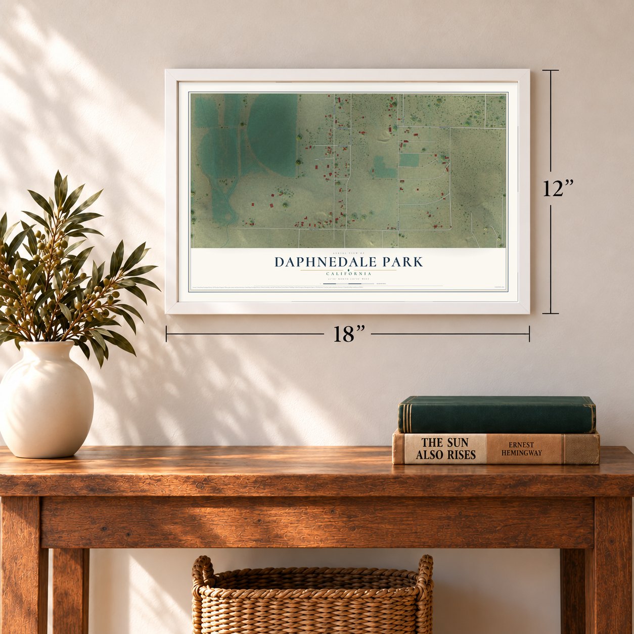 Daphnedale Park, California map, 12 x 18 inch print in a white frame in an entryway