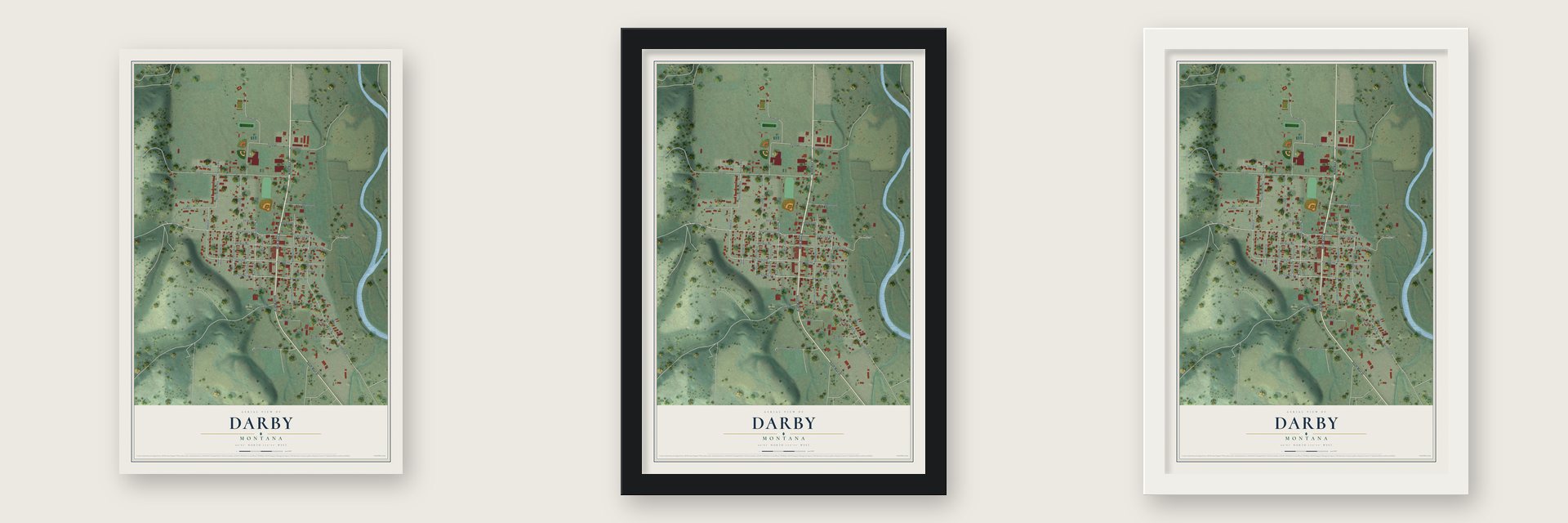 Darby, Montana map unframed, in a black wood frame and in a white wood frame