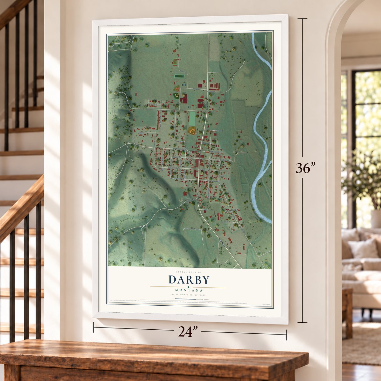 Darby, Montana map, 24 x 36 inch print in a white frame by a staircase