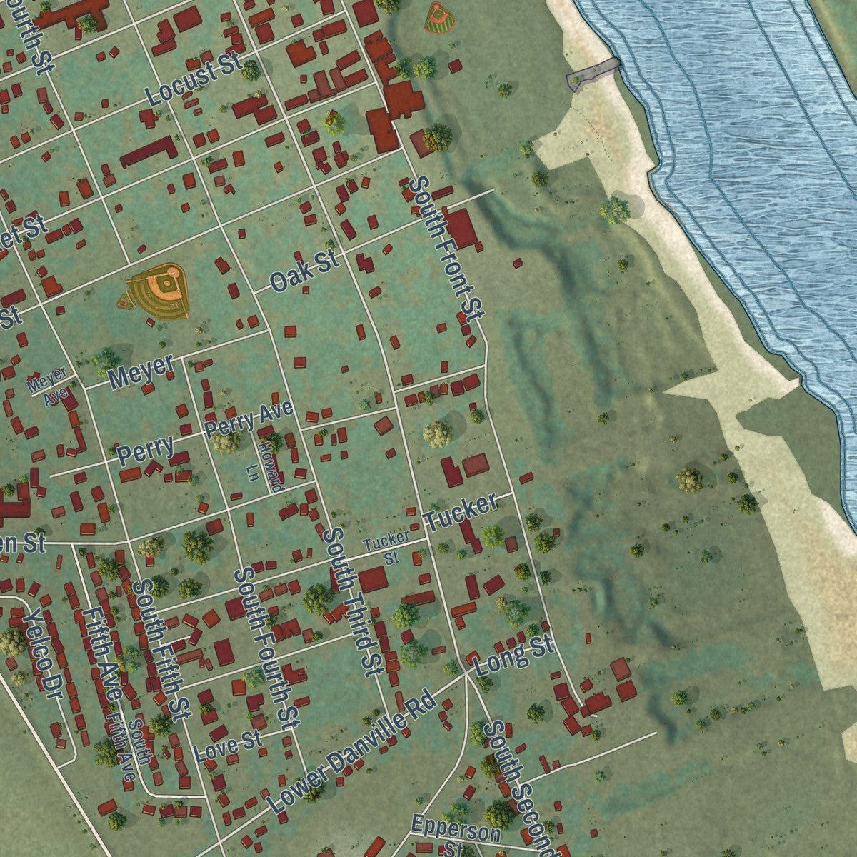 Second close-up of the map of Dardanelle, Arkansas print showing more streets and buildings