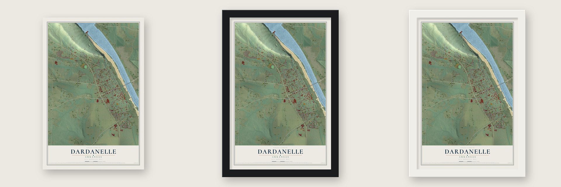 Dardanelle, Arkansas map unframed, in a black wood frame and in a white wood frame