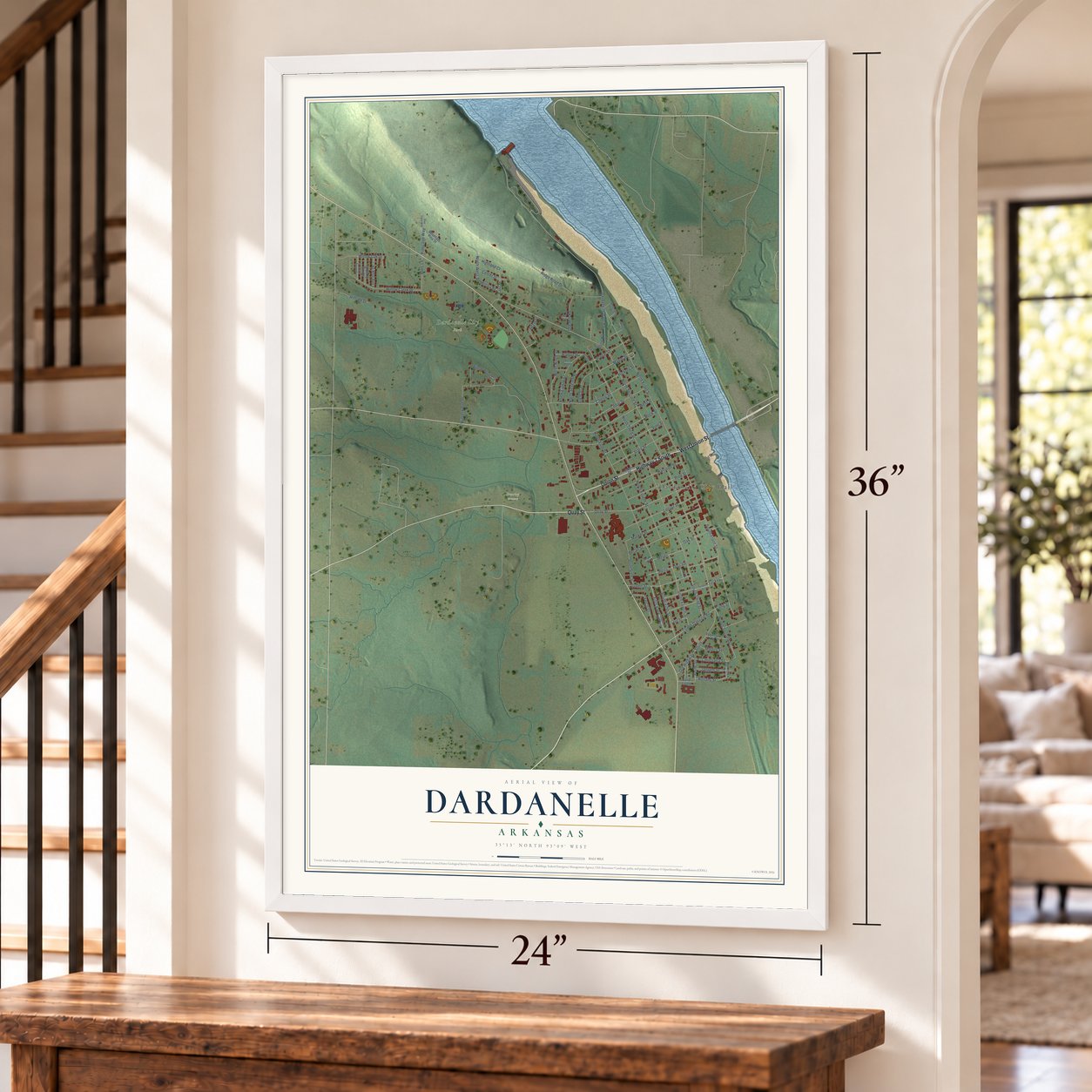 Dardanelle, Arkansas map, 24 x 36 inch print in a white frame by a staircase