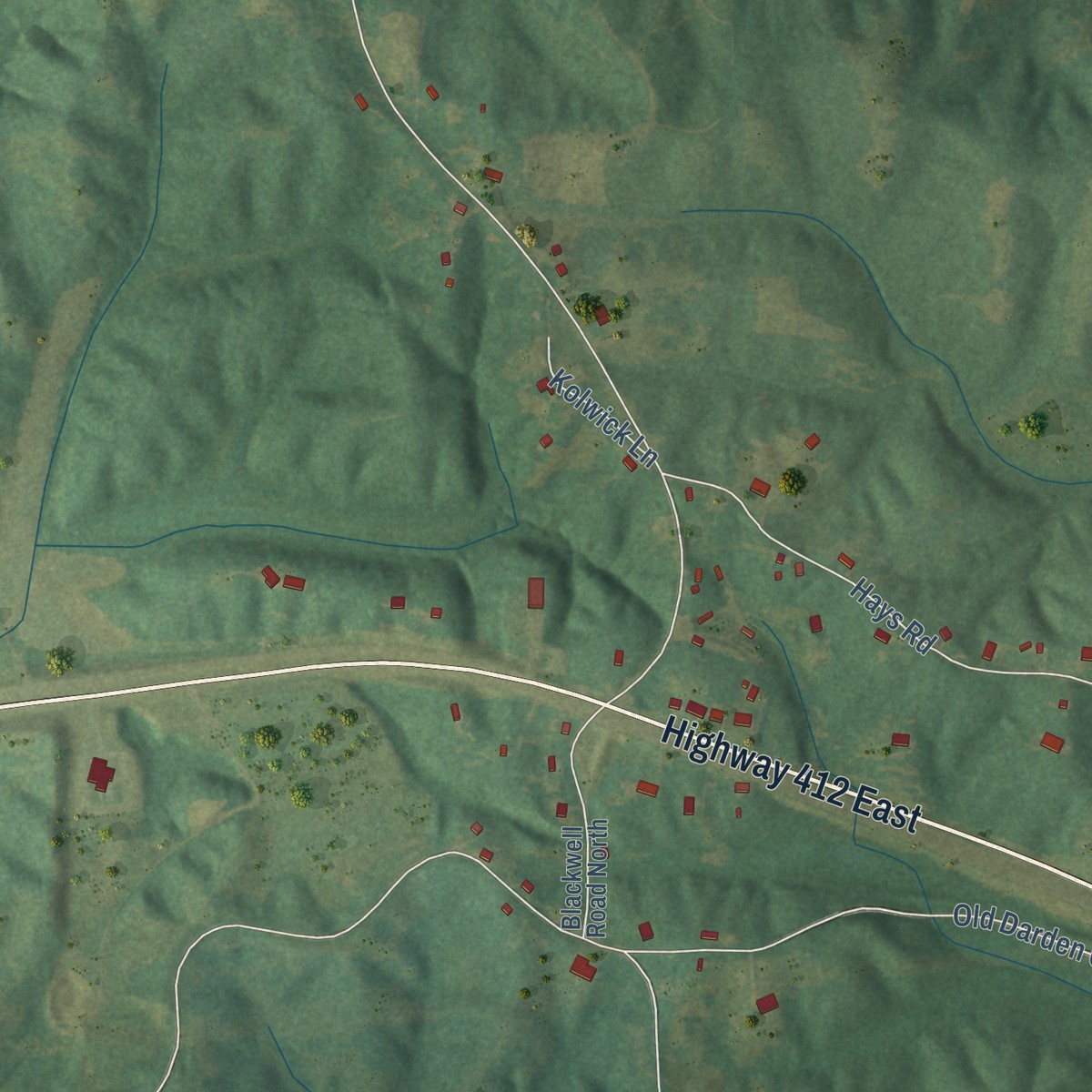 Second close-up of the map of Darden, Tennessee print showing more streets and buildings