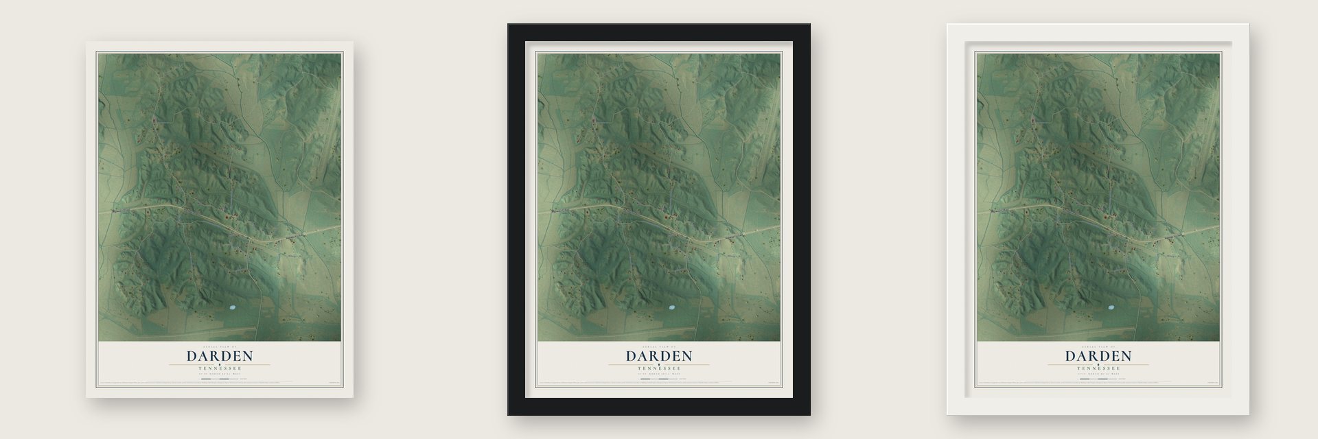 Darden, Tennessee map unframed, in a black wood frame and in a white wood frame