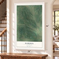 Darden, Tennessee map, 24 x 36 inch print in a white frame by a staircase