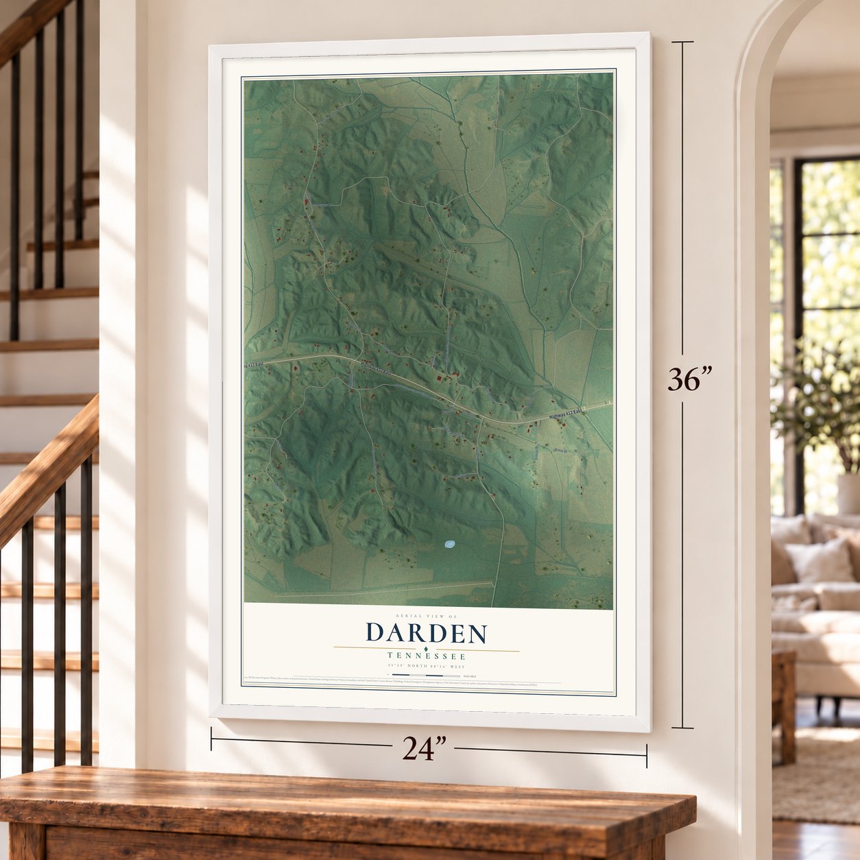 Darden, Tennessee map, 24 x 36 inch print in a white frame by a staircase