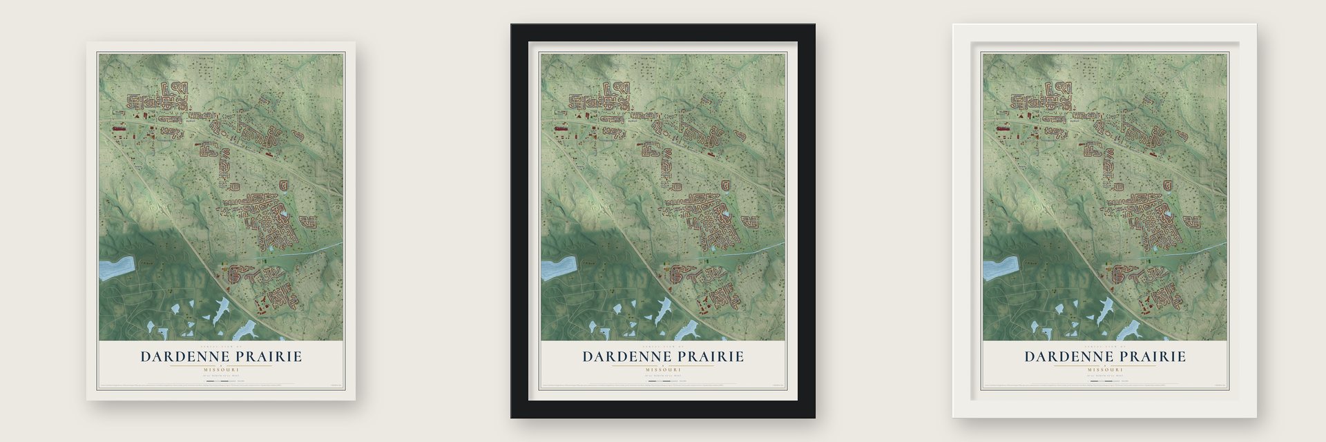 Dardenne Prairie, Missouri map unframed, in a black wood frame and in a white wood frame
